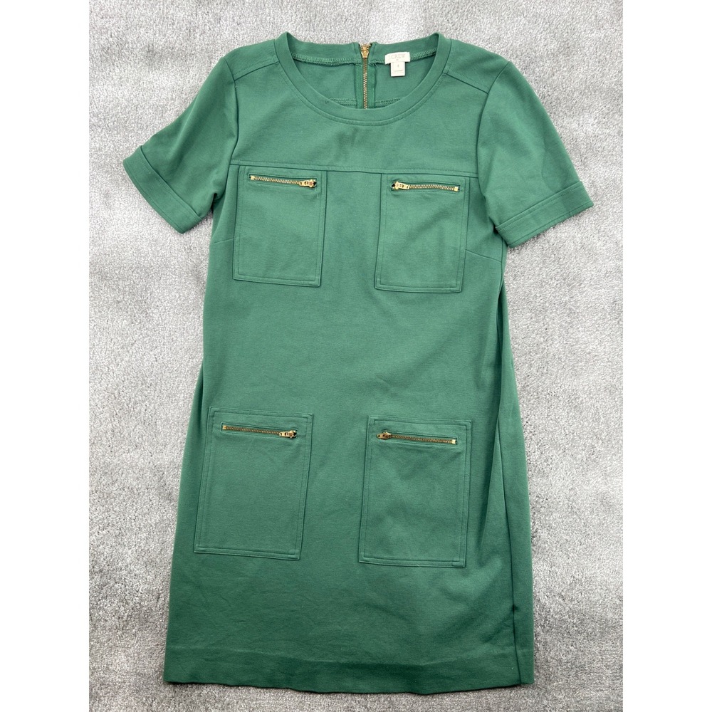 J.Crew Green‎ Ponte Knit Short Sleeve Shift Dress Zip Pockets Size 4 Above Knee